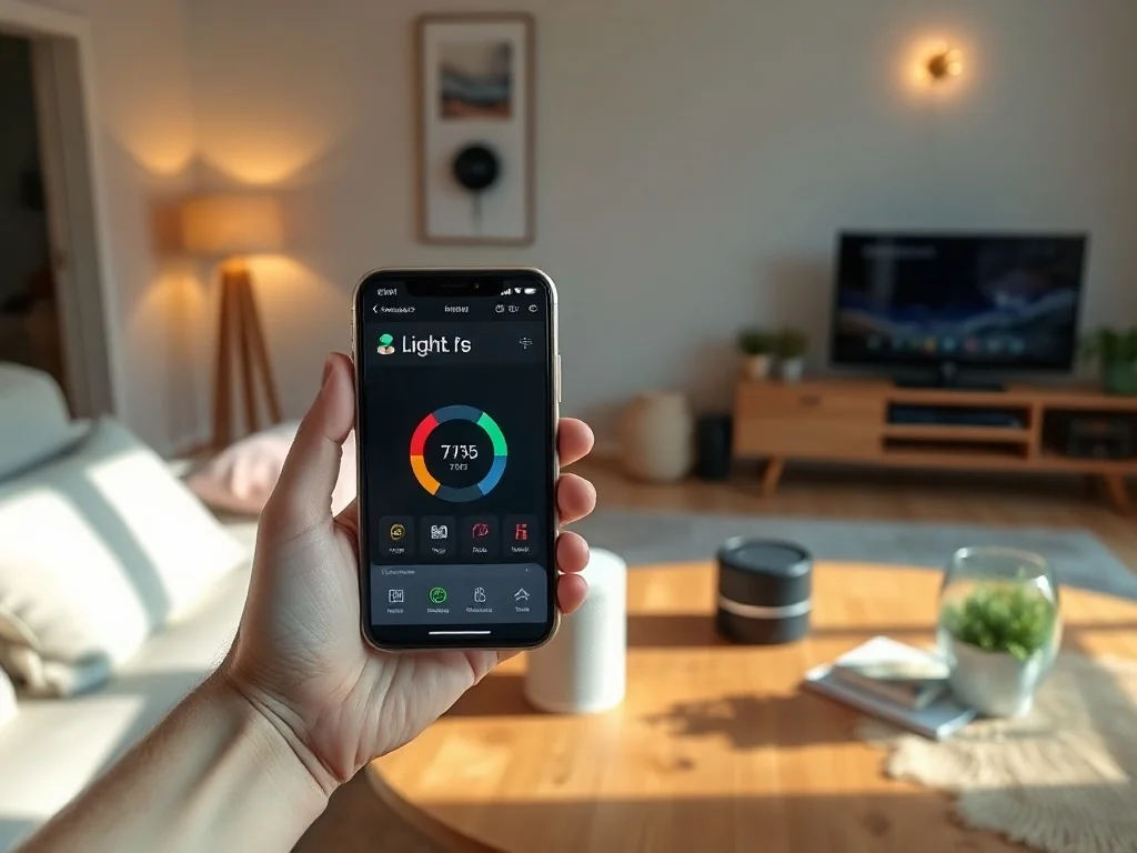 Smartfon z prostym panelem Smart Home w przytulnym salonie, obok głośnik, w tle oświetlenie i podłączone urządzenia