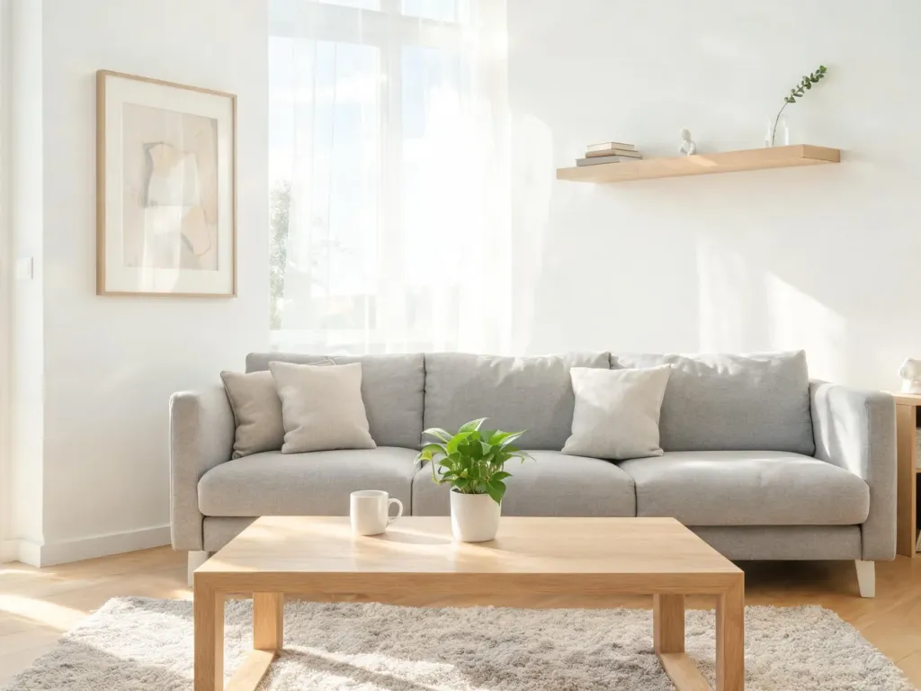Jasny, przytulny salon w stylu skandynawskim z drewnianym stolikiem, szarą sofą i rośliną, podkreślający minimalizm wnętrza.