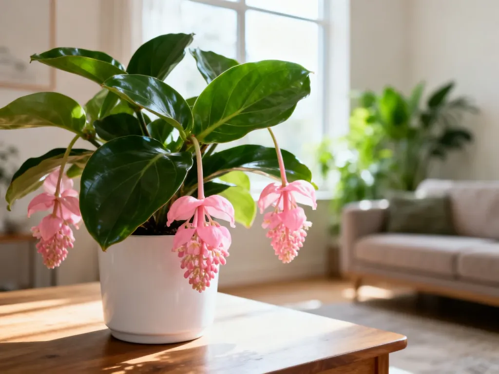 Medinilla magnifica w białej doniczce na drewnianym stole, z różowymi kwiatami, w jasnym, nowoczesnym salonie