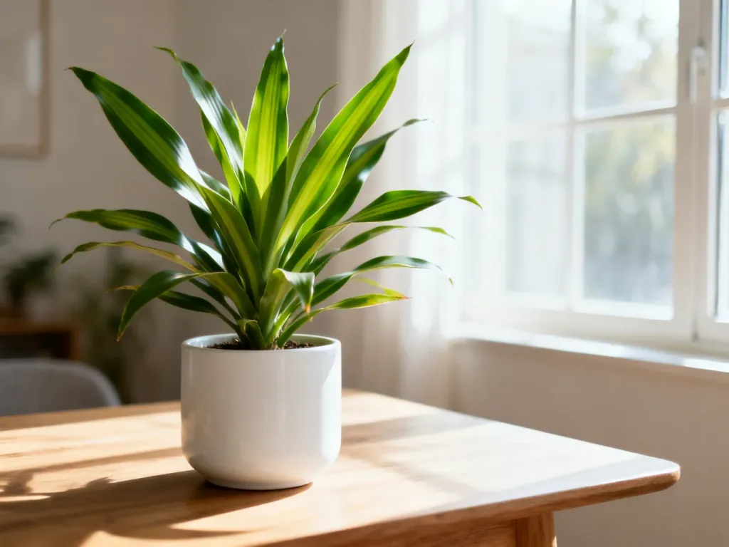Dracena w białej doniczce na drewnianym stole, oświetlona naturalnym światłem w przytulnym wnętrzu.