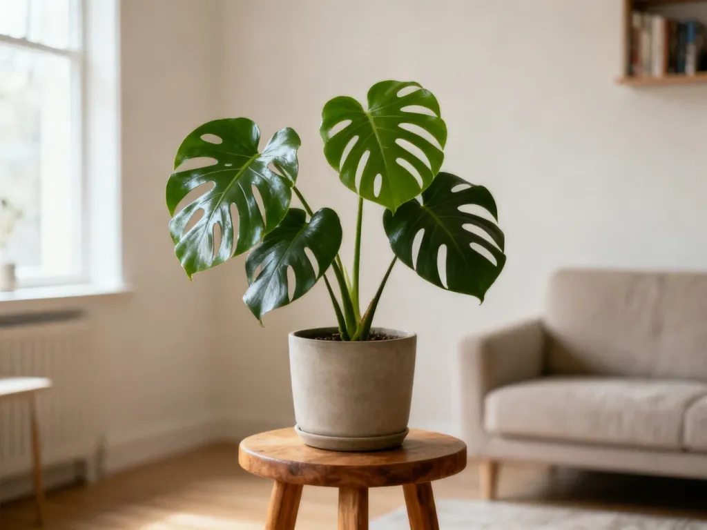 Zdrowa monstera deliciosa w doniczce na drewnianym stołku w przytulnym, minimalistycznym salonie.