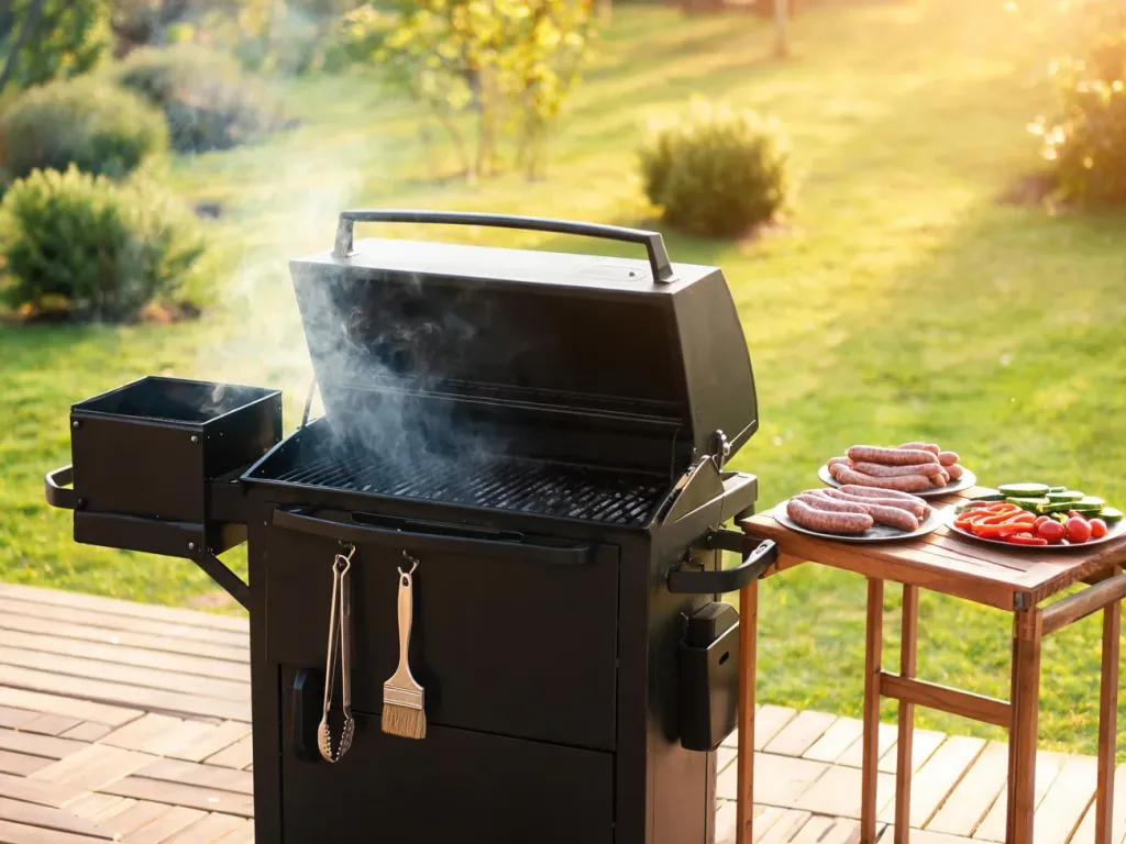 Czarny grill z wędzarnią na drewnianym tarasie, lekko unoszący się dym, obok warzywa i kiełbaski w słonecznym ogrodzie.